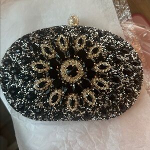 Ramla Black gold Rhinestone Flower Decor Clutch bag purse